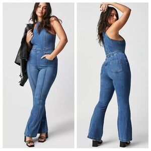 Free People Crvy Sydney Denim Flare High Neck Jumpsuit We The Free New Size 16
